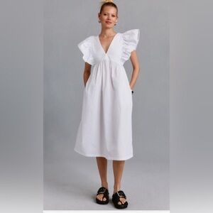 Maeve by Anthropologie White Ruffled Sleeve Dress